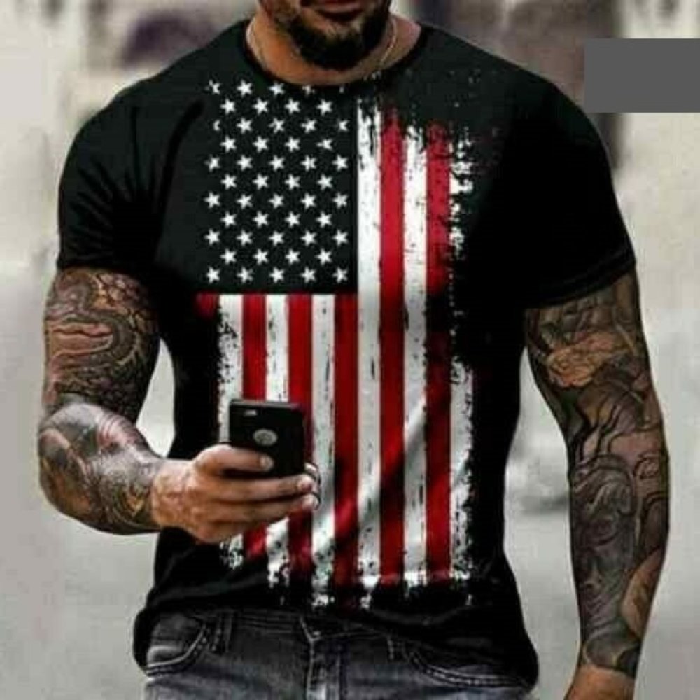 T-Shirt Mens Short Sleeve Fashion Graphic Fitness USA Flag Print Sport Tee Shirt